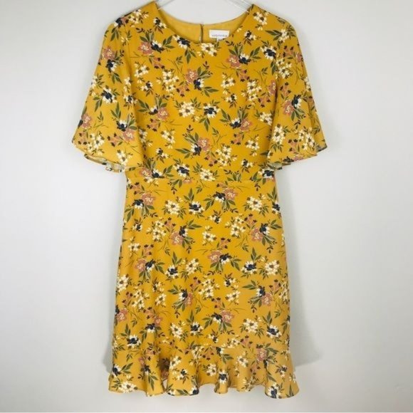 LUCY PARIS Mustard Yellow Floral Flutter Bell Sleeve Ruffle Mini Dress Size M - Picture 1 of 9
